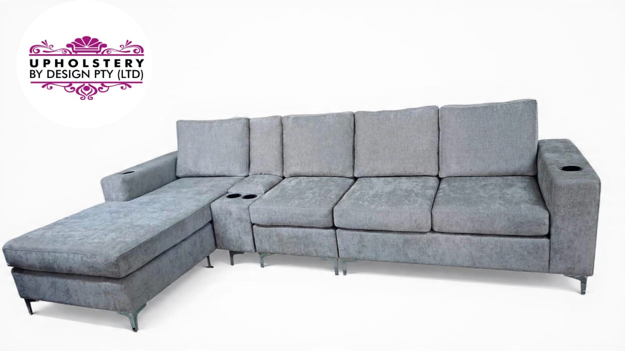 Grey chaise sectional with cup holders